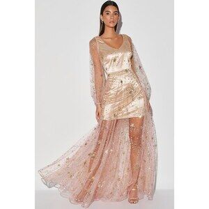 Sweet as Stars Gold Glitter Pink Mesh Long Sleeve Maxi Dress